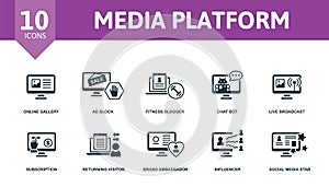 Media Platform set icon. Editable icons media platform theme such as avatar, chatbot, geotargeting and more.