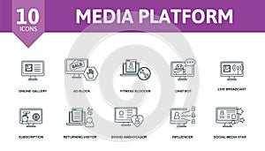 Media Platform set icon. Editable icons media platform theme such as avatar, chatbot, geotargeting and more.