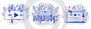 Media player app. Music play list. Tiny people listen music, sound, audio or radio online with smartphone app or laptop