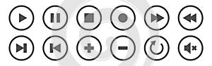 Media player buttons. Control icons set. Play, stop, pause and rewind elements on white background. Video and audio photo