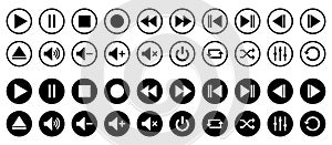 Media player control icon set, interface multimedia symbols and audio, media player buttons, music speaker volume â€“ vector