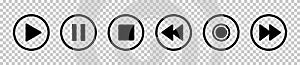 Media player control icon set. Play and pause buttons. Interface multimedia symbols and audio, audio video media player buttons