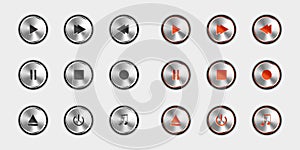 Media Player Control Icon Set - Switched Off And Switched On Version - Silver Metallic Vector Illustration - Isolated On White