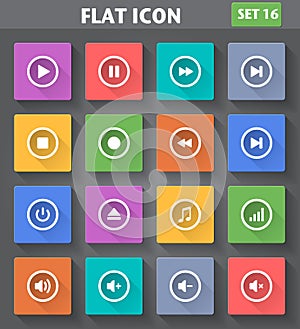 Media Player Icons set in flat style with long sha