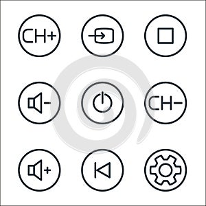 media player line icons. linear set. quality vector line set such as settings, previous track, volume up, channel, power, volume