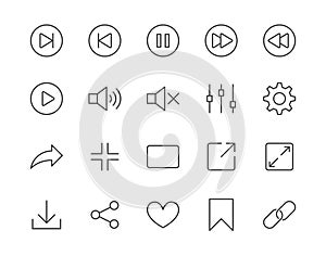Media player simple flat line icons set. Play button, expand, full screen, download, sound, bookmark vector