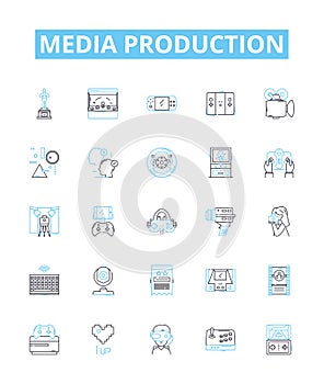 Media production vector line icons set. Filming, Animation, Editing, Post-Production, Photoshoots, Direction, Casting