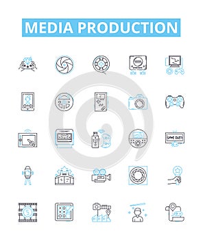 Media production vector line icons set. Filming, Animation, Editing, Post-Production, Photoshoots, Direction, Casting