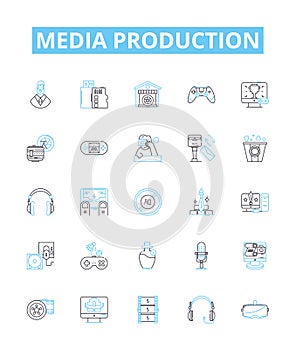 Media production vector line icons set. Filming, Animation, Editing, Post-Production, Photoshoots, Direction, Casting