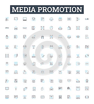 Media promotion vector line icons set. Media, Promotion, Advertising, Publicity, Campaigning, Marketing, Outreach