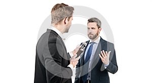 Media reporter journalist do journalistic interview with man businessman or politician, interviewing