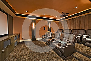 Media room with leather furniture in luxury mansion