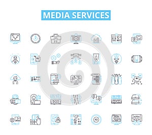 Media services linear icons set. Advertising, Broadcasting, Content, Distribution, Editing, Film, Graphics line vector