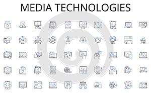 Media technologies line icons collection. Gardens, Parks, Waterfalls, Terraces, Ponds, Hillside, Courtyards vector and