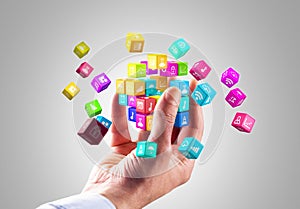 Media technology and internet networking web communication concept- Colorful icon cubes