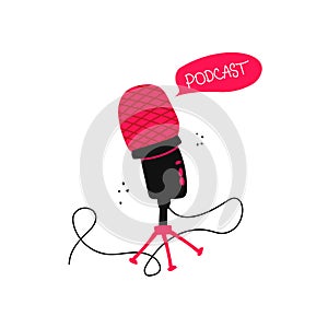 Media tool, mic and speech bubble doodle icon. Sound recording device, media equipment hand drawn isolated vector illustration.