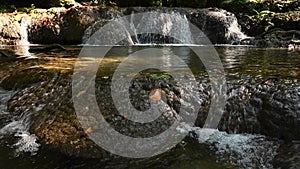 Media video showing a small waterfall Flowed in descending order With a basin Clear water flowing slowly