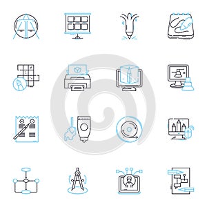 Media world linear icons set. Television, Journalism, Broadcasting, Newspapers, Magazines, Radio, Cinema line vector and