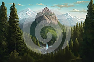 Mediaeval Castle on the top of Mountain Created with Generative AI Technology