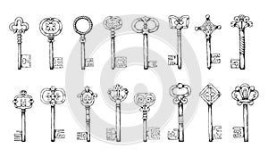 Mediaeval keys. Hand drawn antique sketch elements. Retro door opener types. Lock access. Home privacy and secure. Old