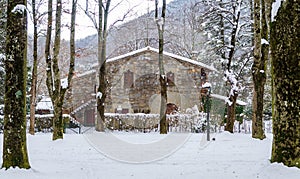 Mediaeval stone house in winter in Camprodon, Catalonia,Spain, the Pyrenees