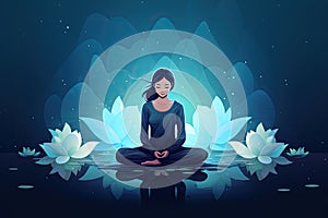 mediating woman in yoga pose on lotus background AI generated