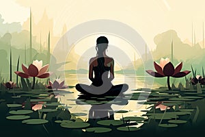 mediating woman in yoga pose on lotus background AI generated