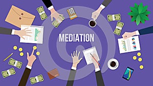 Mediation concept discussion illustration with people discuss in a meeting with paperworks, money and coins on top of photo