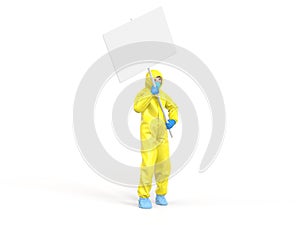 Medic in bright yellow hazmat suit holding poster