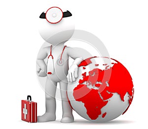 Medic with globe. Global medical services concept photo