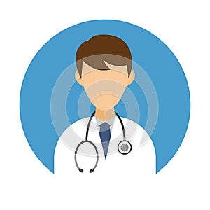 Medic icon in flat style. Doctor with stethoscope on blue background. Health care services concept. Banner with online doctor