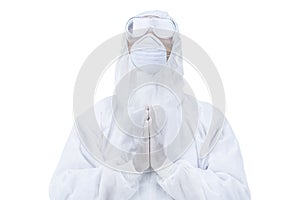 Medic man wearing protective clothing against the virus is pray on white background