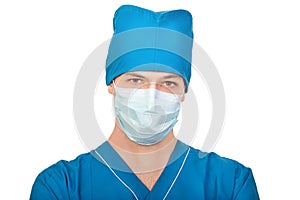 Medic in mask looks in camera isolated on white