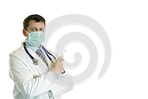 Medic with stethoscope, mask and injection