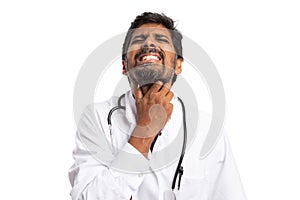 Medic touching neck as sore throat concept