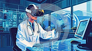 Medic in virtual glasses in medical laboratory