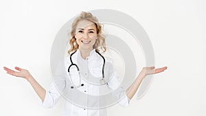 Medic wearing in white coat standing with stethoscope