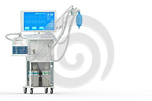 Medical 3D illustration, ICU artificial lung ventilator with fictive design isometric view isolated on white - stop coronavirus