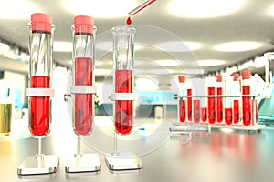 Medical 3D illustration, lab proofs vials in college office - blood dna test for virus eg coronavirus concept with bokeh effect