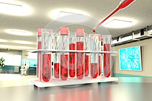 Medical 3D illustration, lab proofs vials in university facility - blood dna test for virus eg coronavirus concept with bokeh