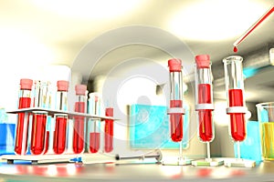Medical 3D illustration, laboratory test tubes vials in university clinic - blood sample dna test for virus eg coronavirus