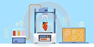 Medical 3D printing. Robotic machine prints heart. Creating internal organs for transplantation. Healthcare and medicine