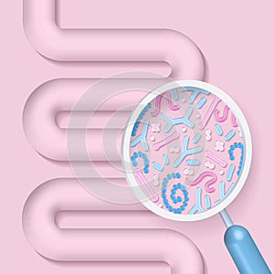 Medical 3d render illustration of microbiome being shown with a magnifying glass. Could be result of probiotics