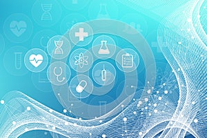 Medical abstract background with health care icons. Medical technology network concept. Connected lines and dots, wave