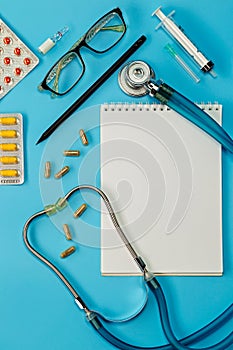 Medical accessories on a blue background