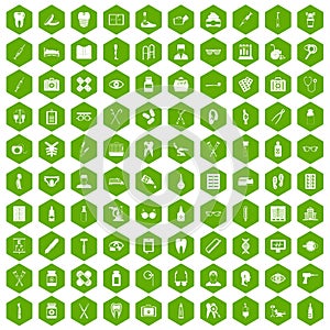 100 medical accessories icons hexagon green