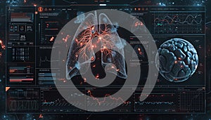 A medical AI interface displaying multiple lung health indicators and analyzed data results photo