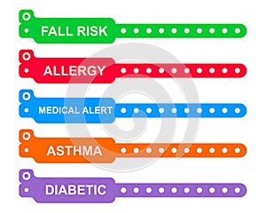 Medical alert bracelets. Fall risk, allergy, asthma, diabetic warning wristband mockups isolated on white background