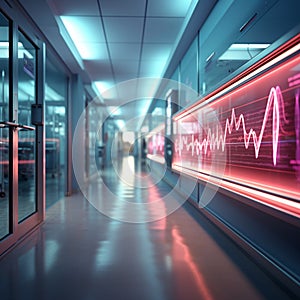 Medical ambiance Glowing heartbeat line in a modern hospital corridor