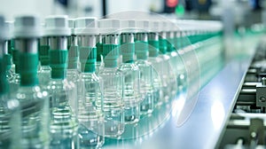 Medical Ampoule Production Line at Modern Modern Pharmaceutical Factory. Glass Ampoules are being Filled. Medication Manufacturing